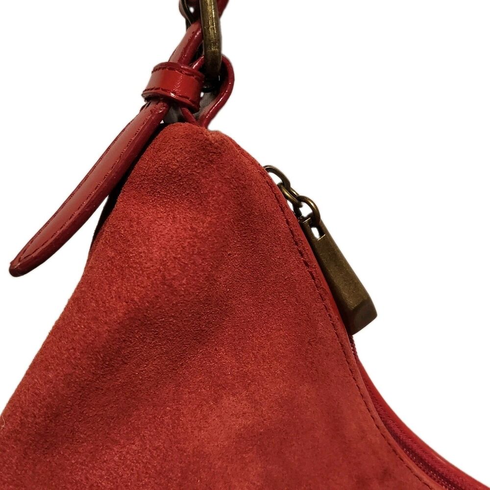 Vintage Y2K Newport News Red Suede Hobo Bag Embroidered Boho Shoulder Purse - Picture 9 of 16